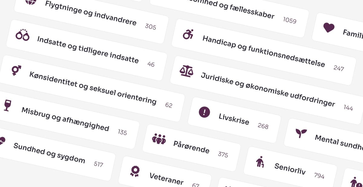 Skærmbillede fra Socialkompas hvor der vises et udpluk af de forskellige udfordringer der kan findes tilbud indenfor. F.eks. livskrise, pårørende og seniorliv